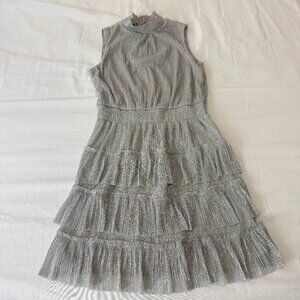 Silver Metallic Ruffle Dress Sleeveless Tiered Party Cocktail Holiday Med/Large
